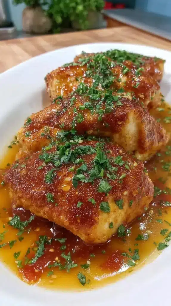 Baked Honey Sriracha Chicken Breasts garnished with herbs