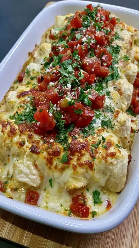 Indulgent queso chicken enchiladas topped with cheese and cilantro on a plate