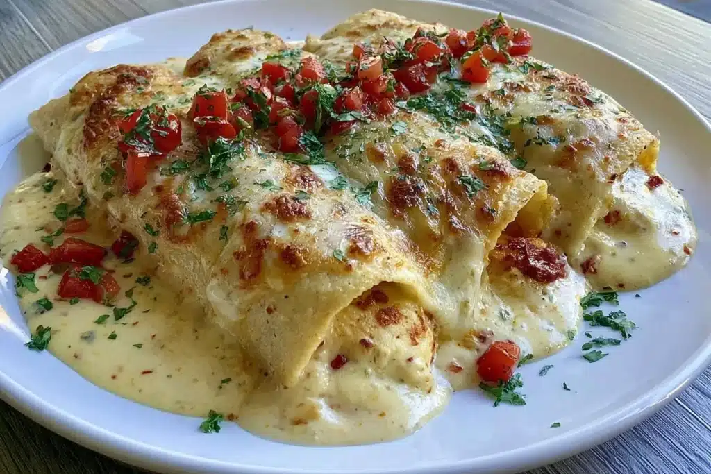 Delicious queso chicken enchiladas served on a plate