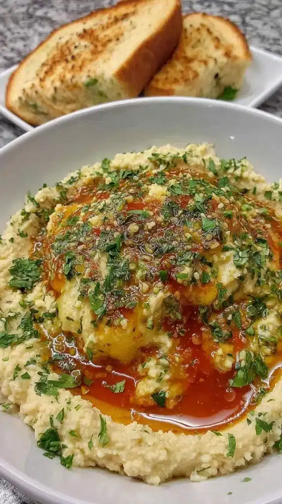 Mediterranean hummus bowl with fresh vegetables and toppings