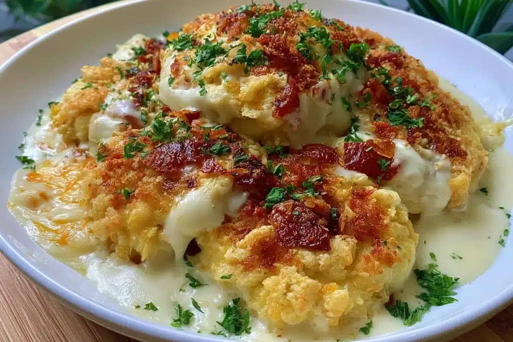 Delicious Million Dollar Chicken Casserole served in a baking dish