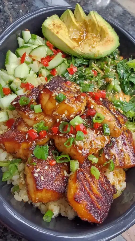 Miso glazed sweet potato Buddha bowl with vibrant vegetables and grains