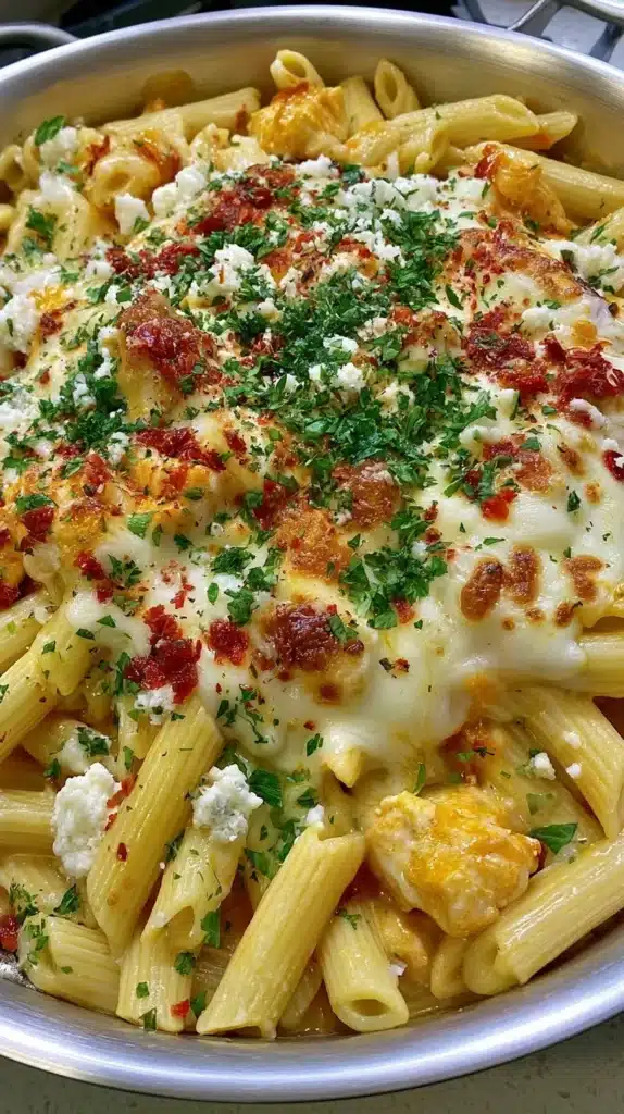 One-pot creamy spicy buffalo chicken pasta topped with parsley and cheese