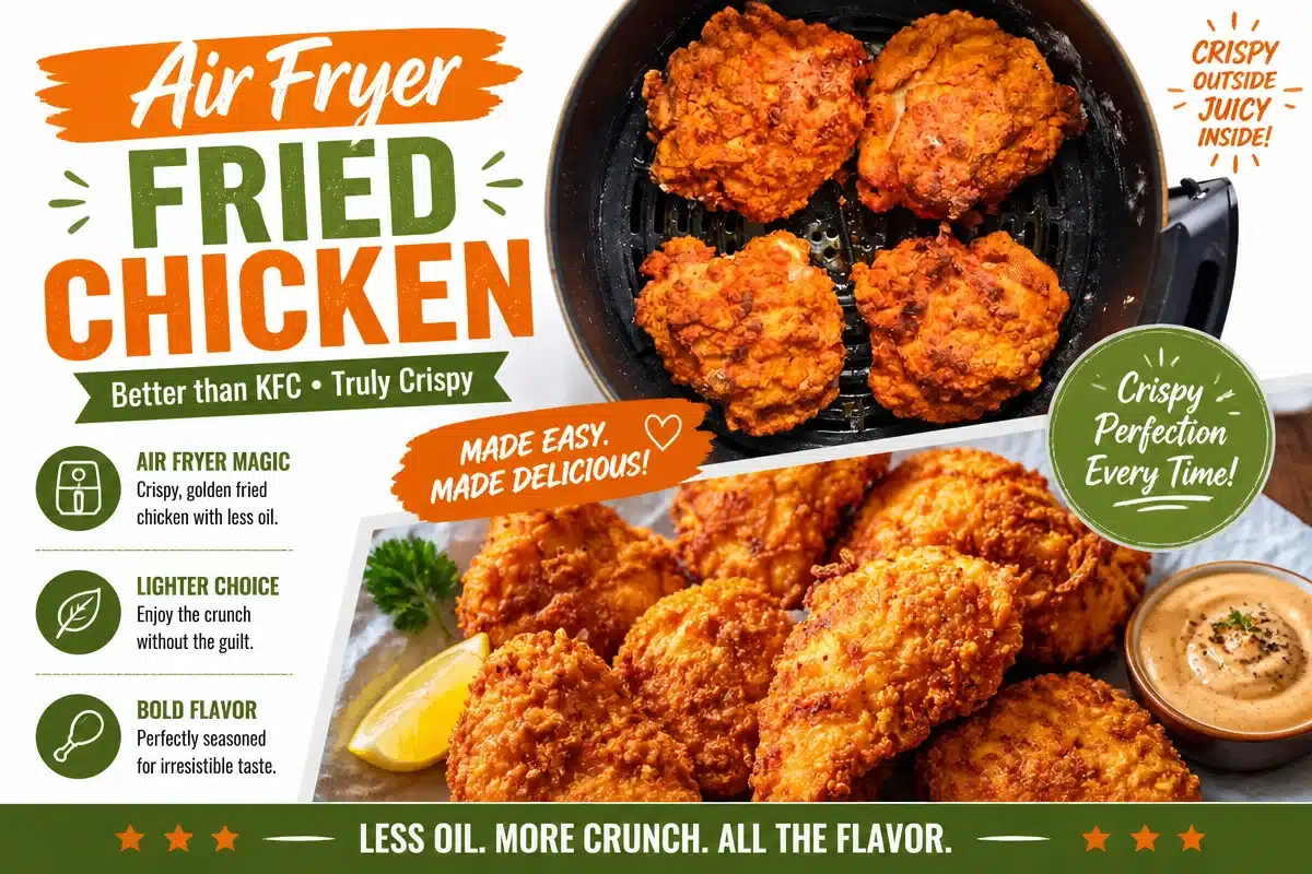 Crispy air fryer fried chicken served with a side of vegetables