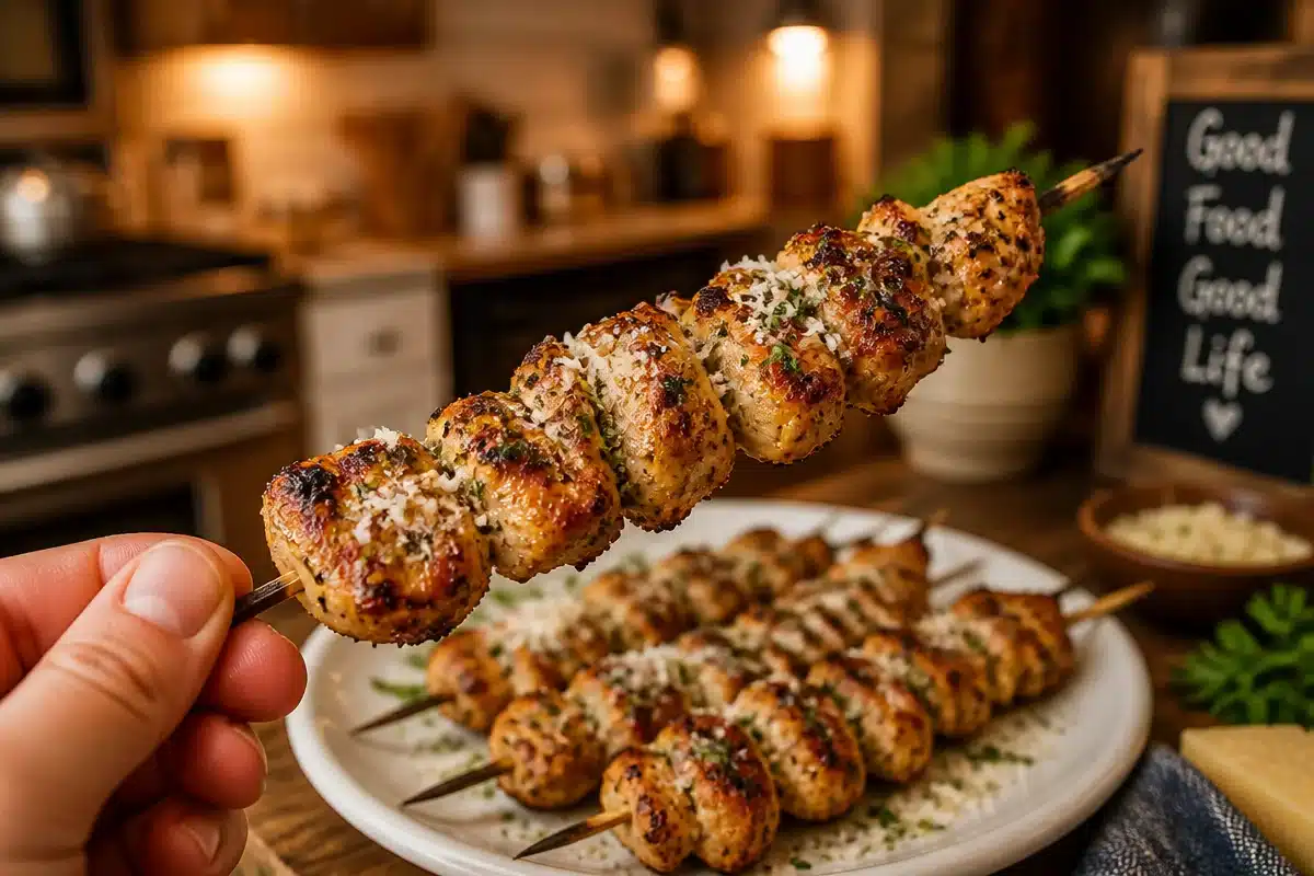 garlic parmesan air fryer chicken skewers